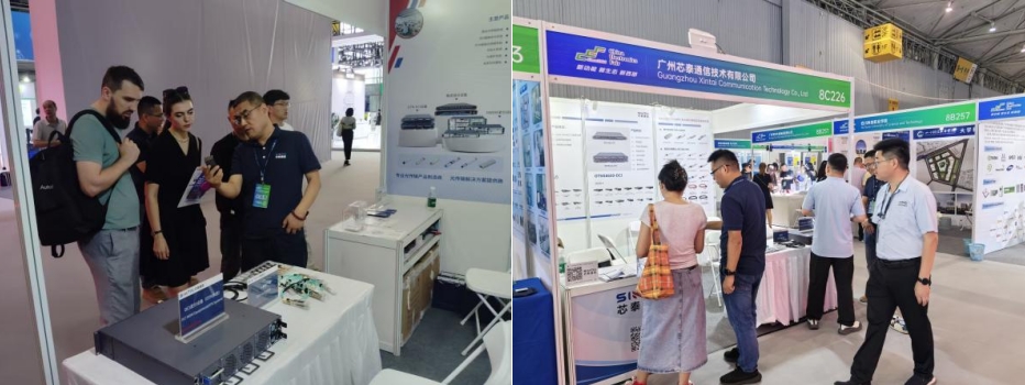 Sintai staff presenting communication technology to international and local attendees at their expo booth.